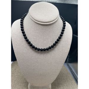 Vintage Onyx Beaded Choker Necklace Moissanite Caped Hinged Clasp Stamped 925